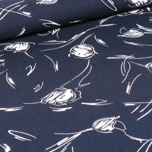 Tissu Viscose texturé Boutons de fleurs sur fond Bleu marine
