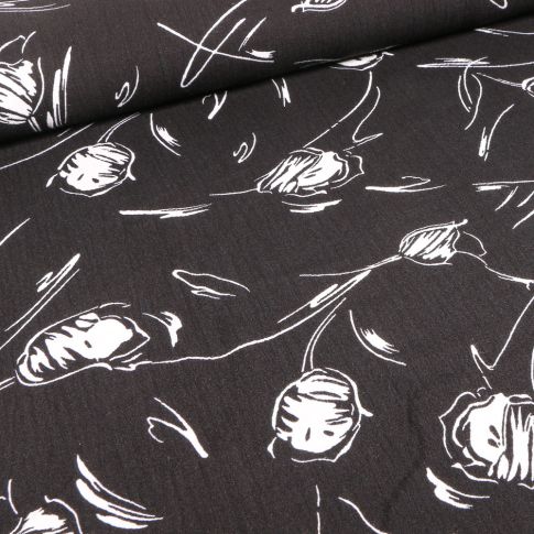 Tissu Viscose texturé Boutons de fleurs sur fond Noir