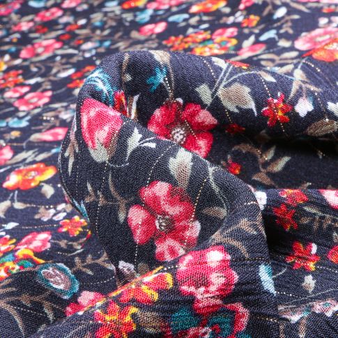 Tissu Viscose texturé Maria rayures lurex sur fond Bleu marine