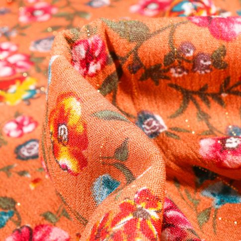 Tissu Viscose texturé Maria rayures lurex sur fond Orange