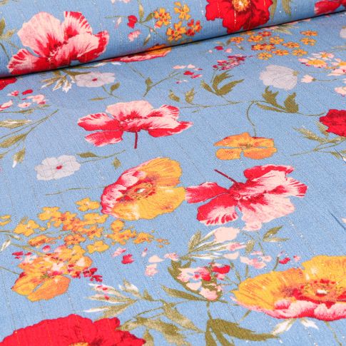 Tissu Viscose texturé Pivoines colorées rayures lurex sur fond Bleu ciel