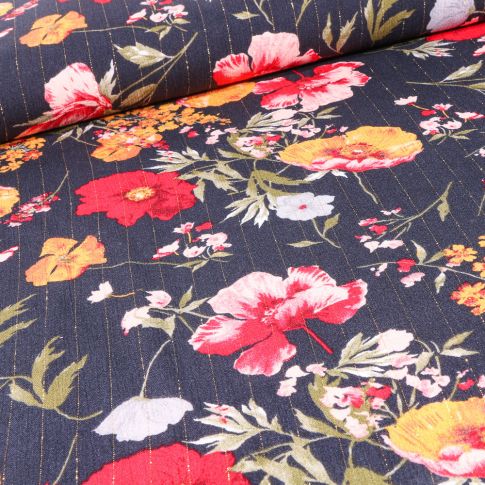 Tissu Viscose texturé Pivoines colorées rayures lurex sur fond Bleu marine