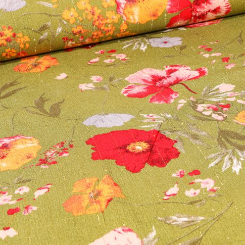 Tissu Viscose texturé Pivoines colorées rayures lurex sur fond Vert
