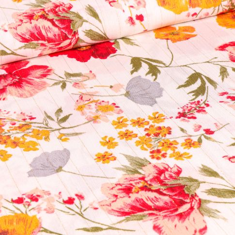 Tissu Viscose texturé Pivoines colorées rayures lurex sur fond Blanc cassé