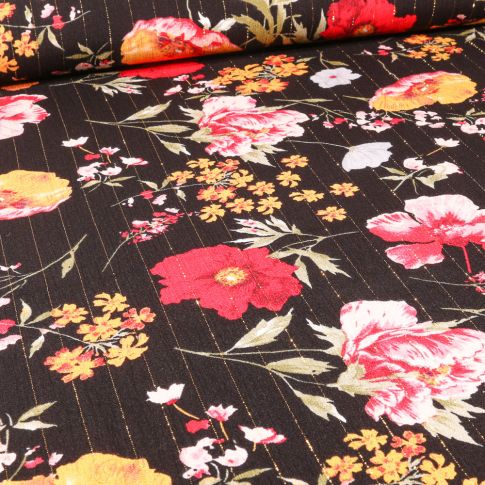 Tissu Viscose texturé Pivoines colorées rayures lurex sur fond Noir