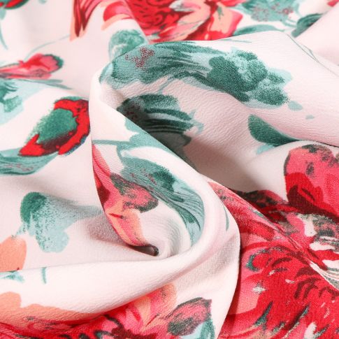 Tissu Crêpe stretch Pivoines colorées sur fond Blanc
