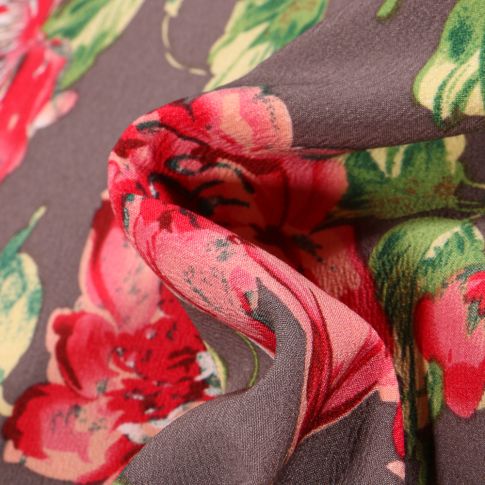 Tissu Crêpe stretch Pivoines colorées sur fond Gris