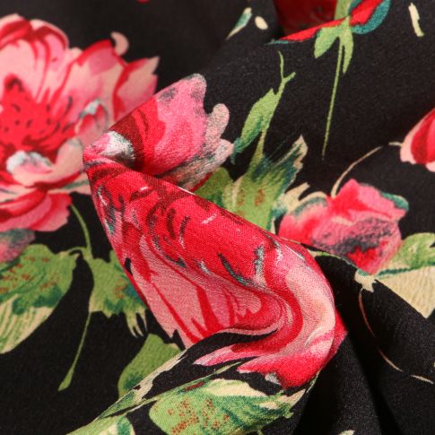 Tissu Crêpe stretch Pivoines colorées sur fond Noir