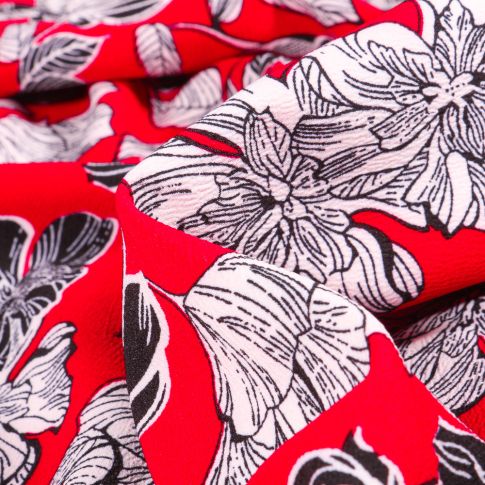 Tissu Crêpe Mix Flowers sur fond Rouge