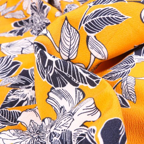 Tissu Crêpe Mix Flowers sur fond Jaune
