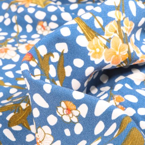 Tissu Crêpe Pois et fleurs sur fond Bleu ciel
