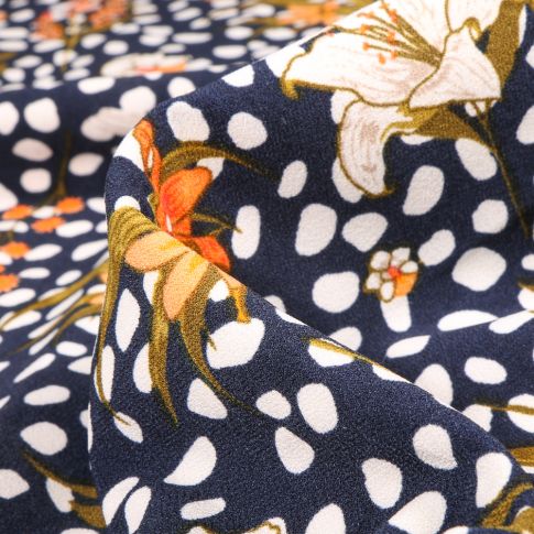 Tissu Crêpe Pois et fleurs sur fond Bleu marine
