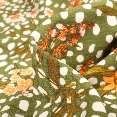 Tissu Crêpe Pois et fleurs sur fond Vert kaki