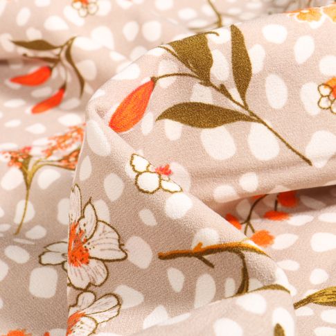 Tissu Crêpe Pois et fleurs sur fond Beige sable