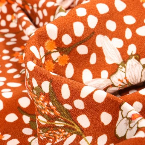 Tissu Crêpe Pois et fleurs sur fond Brique