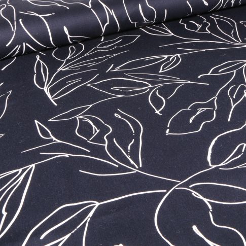 Tissu Coton satiné extensible Fleurs épurées sur fond Bleu marine