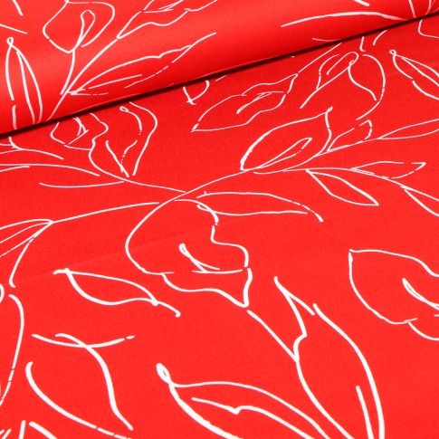 Tissu Coton satiné extensible Fleurs épurées sur fond Rouge
