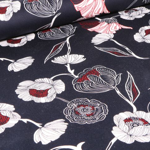 Tissu Coton Satiné extensible Zola sur fond Bleu marine