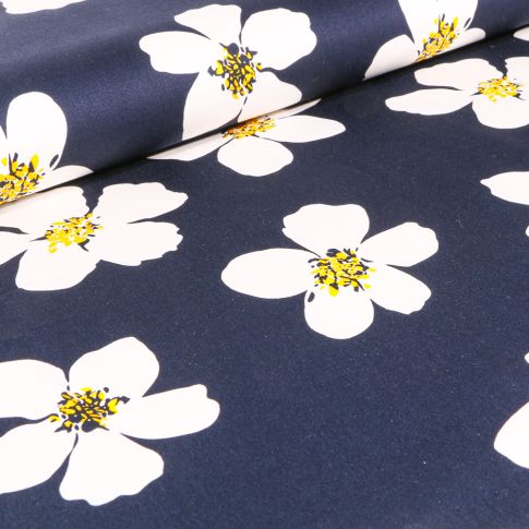 Tissu Coton satiné extensible Bianca sur fond Bleu marine