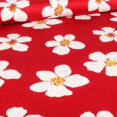 Tissu Coton Satiné extensible Bianca sur fond Rouge