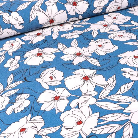 Tissu Crêpe stretch Flora sur fond Bleu