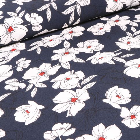 Tissu Crêpe stretch Flora sur fond Bleu marine