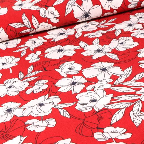 Tissu Crêpe stretch Flora sur fond Rouge