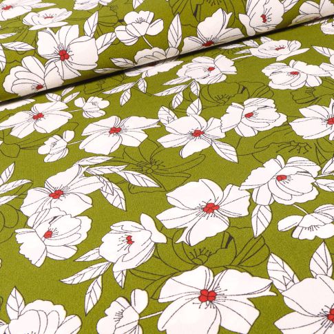 Tissu Crêpe stretch Flora sur fond Vert