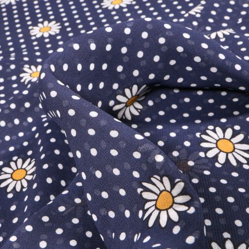Tissu Mousseline Marguerites sur fond Bleu marine