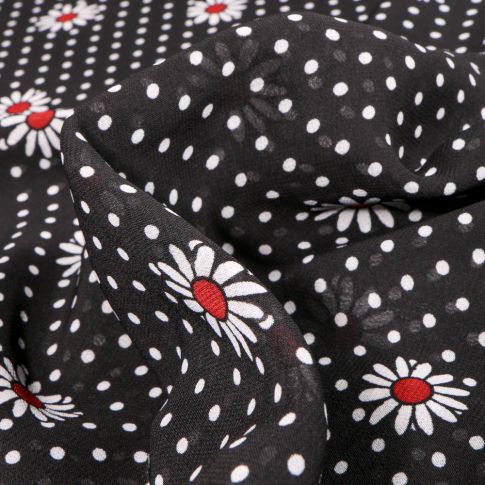 Tissu Mousseline Marguerites sur fond Noir
