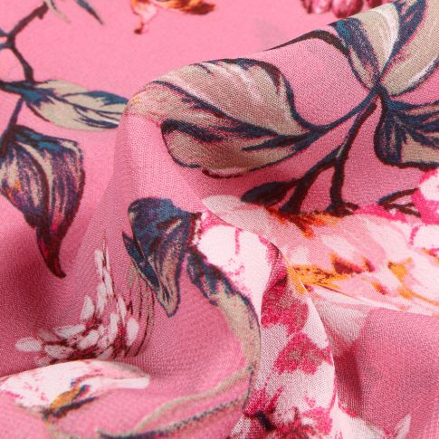 Tissu Mousseline Branches de cerisier et pivoines sur fond Rose