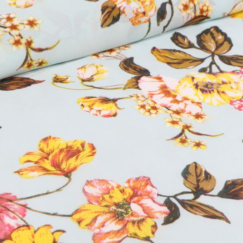 Tissu Mousseline Branches de cerisier et pivoines sur fond Bleu ciel