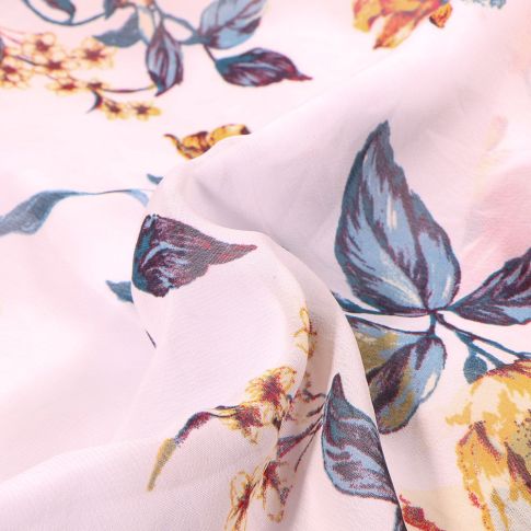 Tissu Mousseline Branches de cerisier et pivoines sur fond Blanc