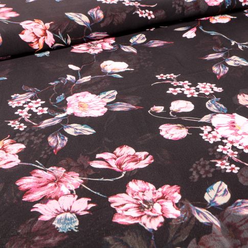 Tissu Mousseline Branches de cerisier et pivoines  sur fond Noir