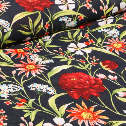 Tissu Mousseline Pivoines et fleurs colorés sur fond Bleu marine