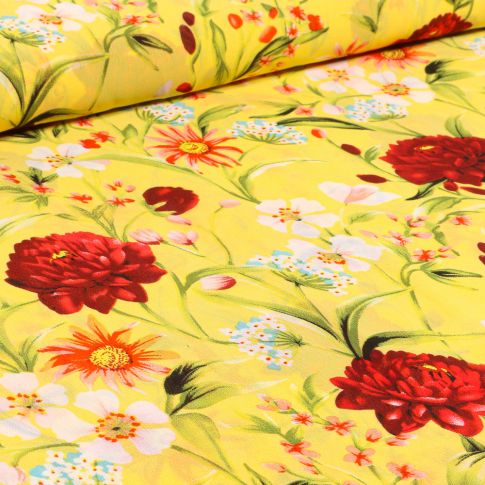 Tissu Mousseline Pivoines et fleurs colorés sur fond Jaune