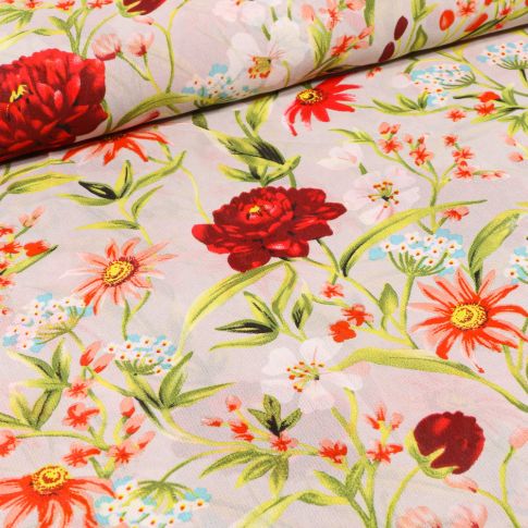 Tissu Mousseline Pivoines et fleurs colorés sur fond Beige