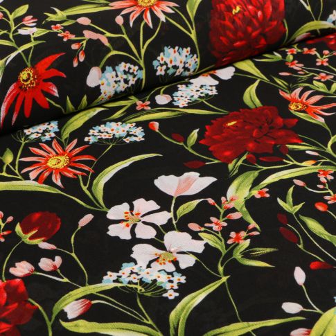 Tissu Mousseline Pivoines et fleurs colorés sur fond Noir