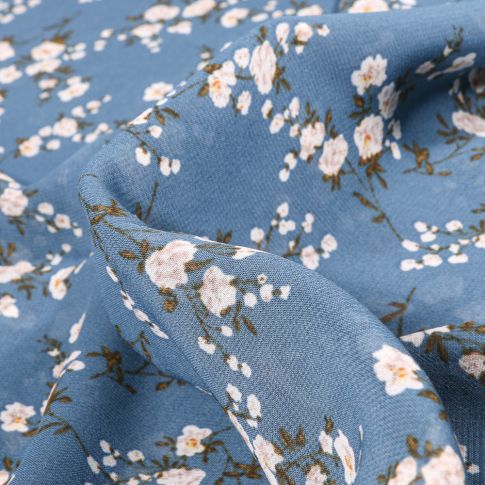 Tissu Mousseline Elba Fleuris sur fond Bleu