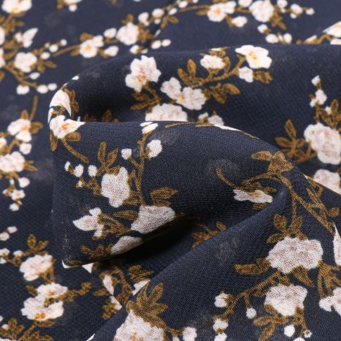 Tissu Mousseline Elba Fleuris sur fond Bleu marine