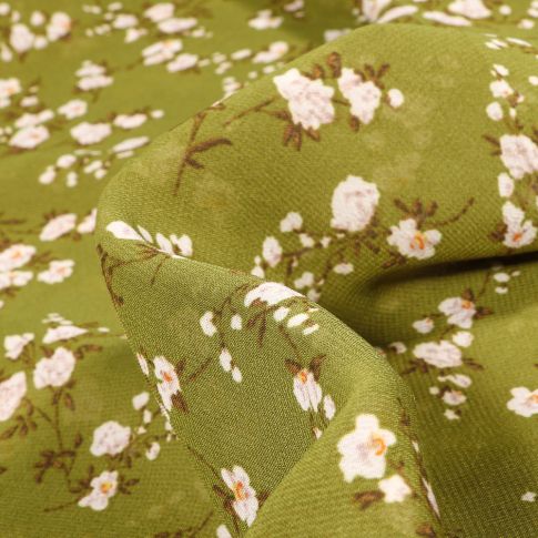 Tissu Mousseline Elba Fleuris sur fond Vert
