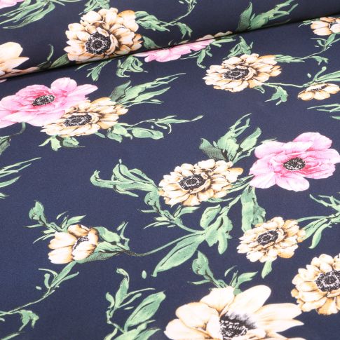 Tissu Crêpe Georgette Pivoines Bleu marine