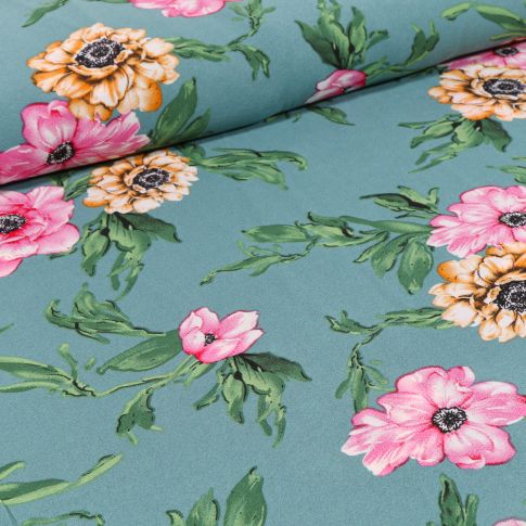 Tissu Crêpe Georgette Pivoines rose et jaune sur fond Vert