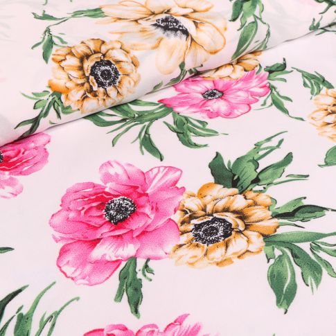 Tissu Crêpe Georgette Pivoines rose et jaune sur fond Ecru