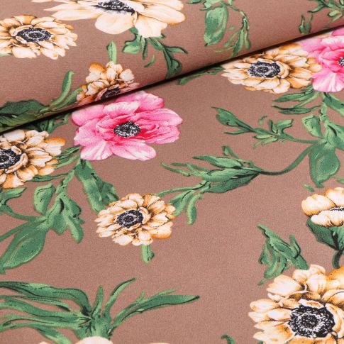 Tissu Crêpe Georgette Pivoines rose et jaune sur fond Marron