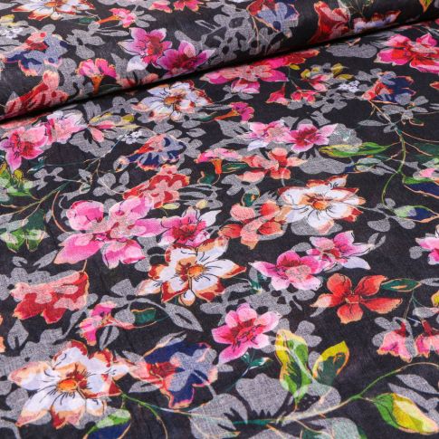 Tissu Voile Polycoton Fleuris sur fond Noir