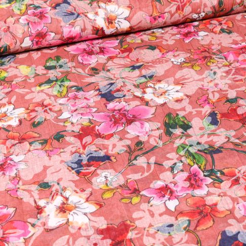Tissu Voile Polycoton Fleuris sur fond Rose
