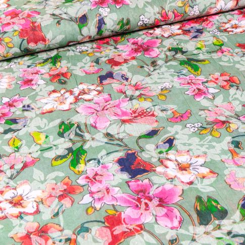 Tissu Voile Polycoton Fleuris sur fond Vert menthe