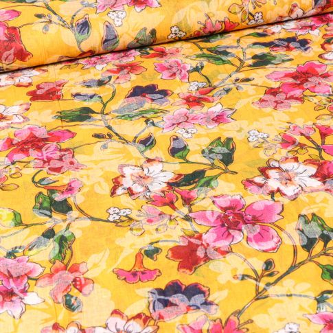 Tissu Voile Polycoton Fleuris sur fond Jaune