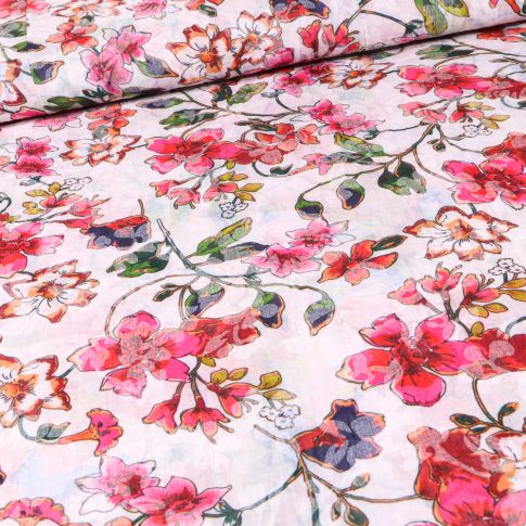 Tissu Voile Polycoton Fleuris sur fond Blanc